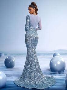 GIFORU 优雅的银蓝色美人鱼晚礼服 - 奢华的水晶装饰婚礼宾客礼服，配有 3D 亮片和透明幻觉袖子，适合庆典/晚会/鸡尾酒会的红毯正式礼服，派对礼服