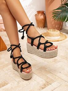 Sandalias romanas de mujer con cuña tejida, suela gruesa y cordones retro - Negro - Ver 3