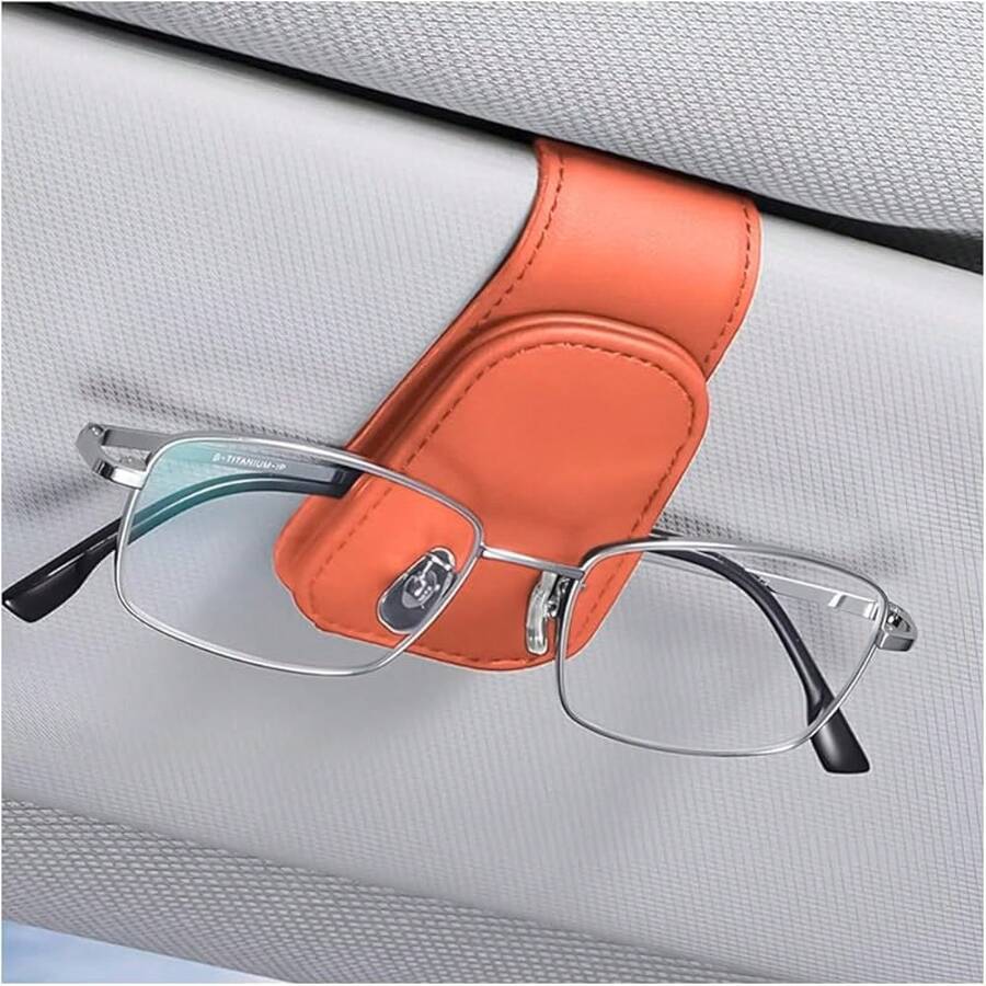 Sunglasses Holders For Car Sun Visor, Leather Eyeglasses Hanger Mounter, Magnetic Glasses Holder And Ticket Card Clip, Auto Interior Accessories Universal For SUV Pickup Truck - 橘色 - 查看 1