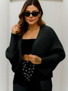 Cocoon Cape Poncho Coat Knit Overlay Thick Stylish With Cuff - 黑色 - 查看 2