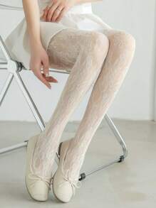 1 Stück Vintage französischer Blumen Rose Muster Fischnetz Strumpfhose, spitzenbesetzter weißer sexy schwarzer Fischnetz Strumpf für Frauen