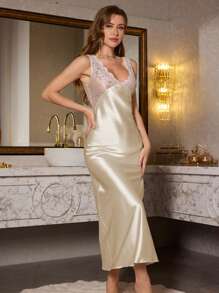 Camisón de satén con ribete de encaje elegante, ropa de dormir de mujer de cuello en V de unicolor, poliéster para adultos para todas las temporadas, vacaciones