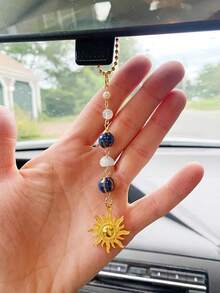 Sun Hanging Car Charm,Green And Gold Rear View Mirror Accessories Cute Boho Dangling Sun Car Decor Handmade Healing Crystals Stones Ornament Gifts For Women Men (Green) - Màu xanh lá - Xem 8