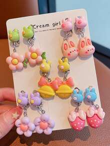 Bộ 10 chiếc khuyên tai kẹp dễ thương cho thiếu niên, khuyên tai màu hồng, công chúa, khuyên tai giả không đau không xỏ khuyên cho thiếu nữ, trang phục hàng ngày đáng yêu, khuyên tai mặt dây chuyền công chúa - Halloween, quà tặng năm mới cho thiếu niên, không kèm thiệp - Nhiều màu - Xem 2