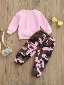 Easisim Kid Toddler Baby Girl Letter Print Tracksuits Top+Camo Pants Outfits Clothes Set