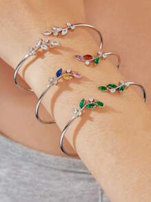 1pc Minimalist Metal Branch & Leaf Cubic Zirconia Inlaid Bangle Bracelet, Fashionable & Versatile Unique Women Jewelry