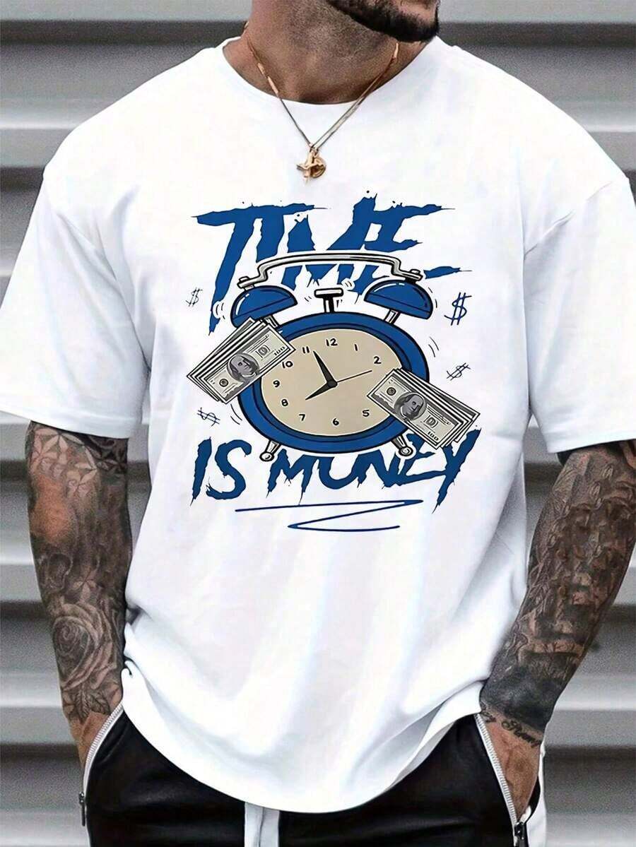 "Unisex 100% Cotton Round Neck Short - Sleeve T - Shirt - 'Time Is Money' Graphic Basic Tee For Summer Men's Tops" - 白色 - 查看 1