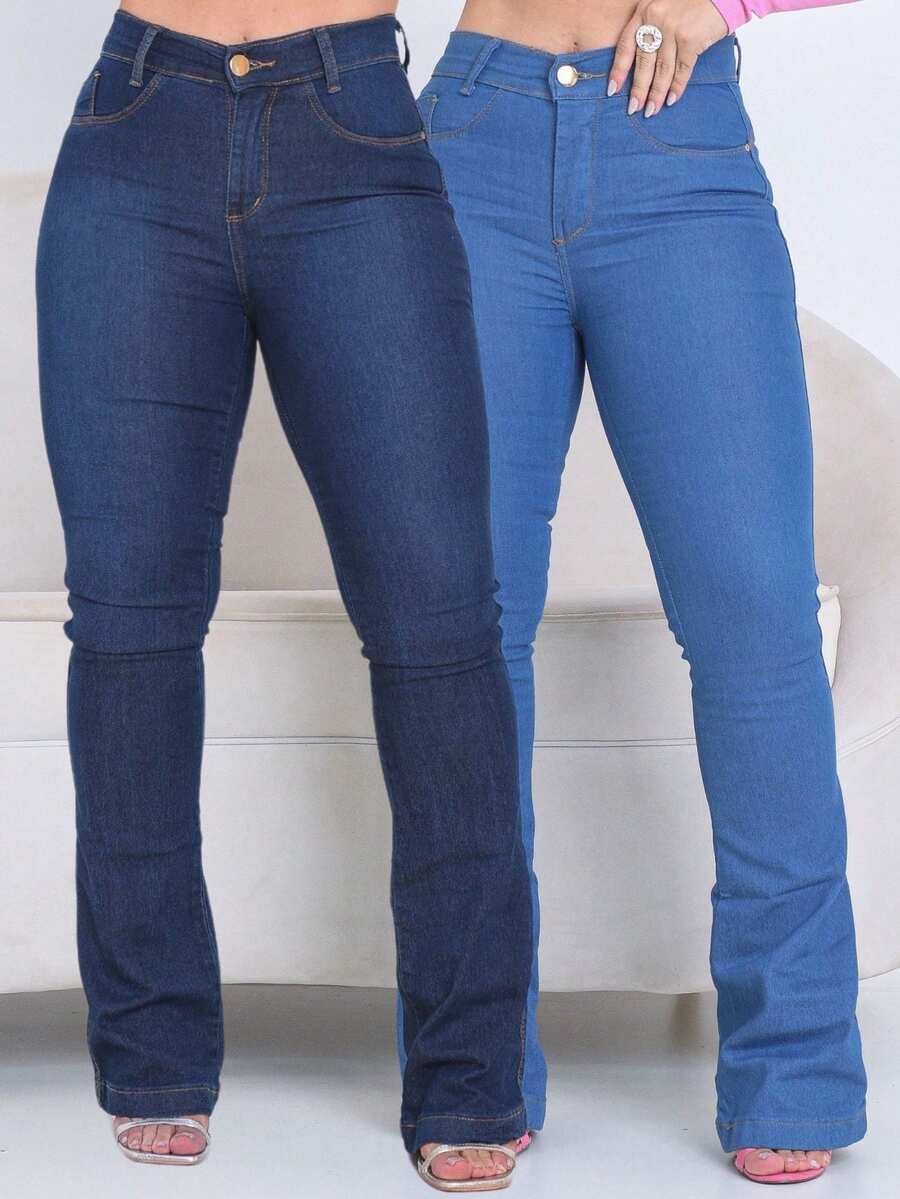 Kit 2 Women's Flare Jeans, High Waist, Shaping, With Elastane, Comfortable, Boot Cut - Azul-marinho/ Azul-claro - Xem 1