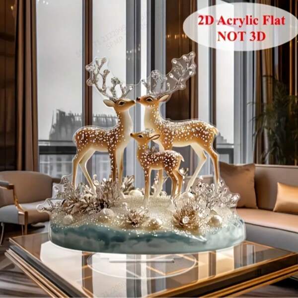 2D, Elegant 2D Acrylic Deer Decor, Blue And Gold Base, Suitable For Home, Bedroom, Dining Room Decoration, Tabletop Display, Animal Theme, Multipurpose Use, Battery Free