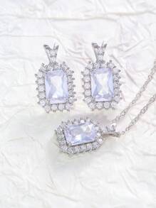 1 Set Square Shaped Zirconia Decorated Copper Earrings And Necklace Suit, Suitable For All Year Round, Adding Luxurious And Refined Touch To Every Seasonal Look, Showcasing Personalized And Fashion