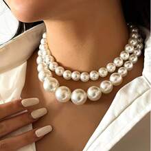 2 Stück retro übertrieben große Perlen Dekor Zweischichtige Perlen Choker-Halskette Set