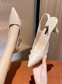 Sandalias de tacón alto y sin respaldo con puntera puntiaguda y correa trasera para mujer, color albaricoque,elegantes y cómodas bombas