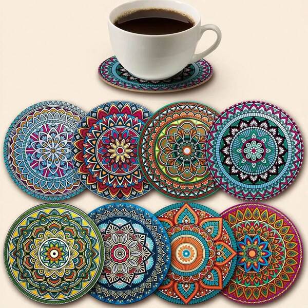8pcs/Set Wooden Coasters With Mandala Design, Suitable For Living Room, Kitchen, Dining Room, Commercial Use, Coffee Mug Coasters, Wine Glass Coasters, Gift Set