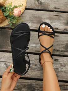 New Women Plus Size Flat Sandals, Summer Fashion Beach Slippers, Ladies Thin Strap Casual Sandals For Commuting And Vacation, Black And Brown Colors