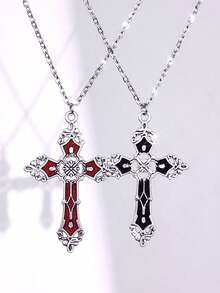 2pcs/Set Unisex Stainless Steel Necklace With Cross, Snake And Heart Elements, Suitable As Gift For Friends, Girlfriend/Boyfriend - Silver - View 15