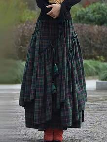 格子休闲波西米亚不对称/不对称花卉腰带裙