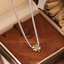 1 pieza Collar de cadena con cristales de acero inoxidable enchapado en oro de 18K para mujeres, de moda y de alta gama, adecuado para fiesta, cita y uso en la oficina