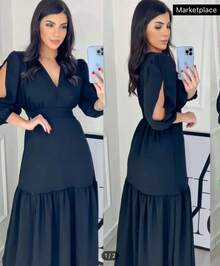 Women's Evangelical Dress Simple Elegant Casual Split Ruffle Hem Criss-Cross Formal Evening Office - 黑色 - 查看 1