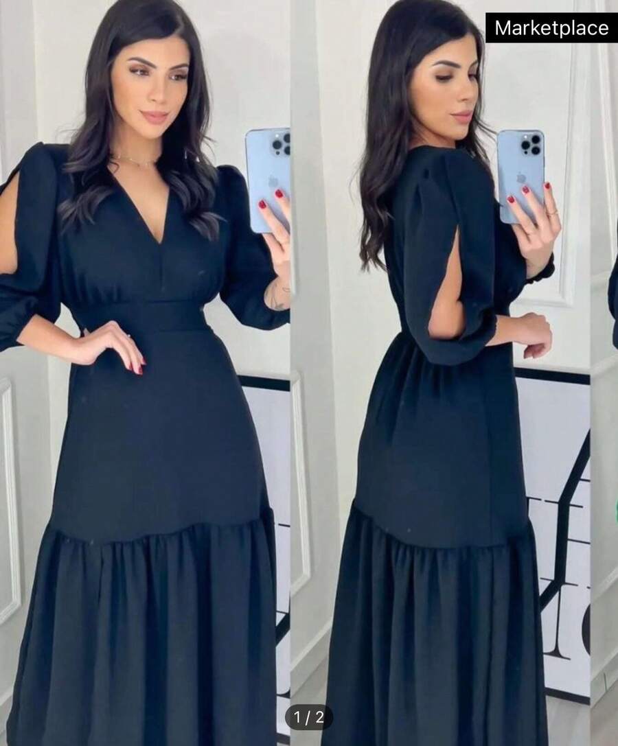 Women's Evangelical Dress Simple Elegant Casual Split Ruffle Hem Criss-Cross Formal Evening Office - 黑色 - 查看 1