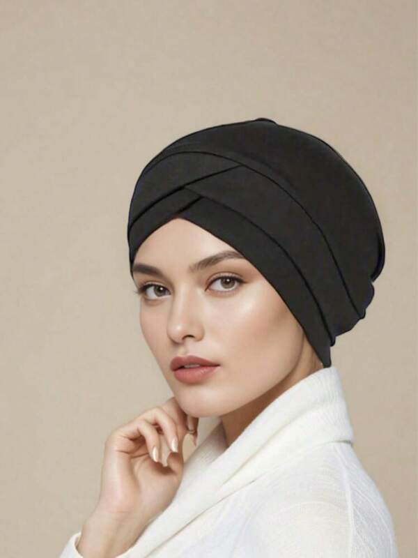 1pc Retro Crossed Front Turban Hat, Muslim Underscarf, Solid Color Circumference Cap Suitable For Fashionable Women, Durable Headband
