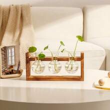 1pc Hydroponic Plant Glass Bulb Vase With Wooden Stand, Indoor Hydroponic Plant Breeding Station, Suitable For Home, Office, Garden Decor, Gift For Plant Lovers, Vase, Centerpiece, Tabletop Decor