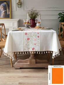 1pc Pink Floral With Green Leaf Embroidered Tablecloth, French Luxury Minimalist Style, Home Kitchen Decor, Suitable For Holiday Gatherings, Birthday Parties, Dining Table Decor, Home Decoration, All Seasons