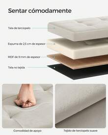 Puff Almacenaje, Baúl de Almacenaje Plegable, 38 x 110 x 38 cm, Taburete Reposapiés, Banco de Cubo, Soporta hasta 300 kg, para Sala de Estar, Dormitorio, Entrada, Blanco Crema - Blanco - Ver 2