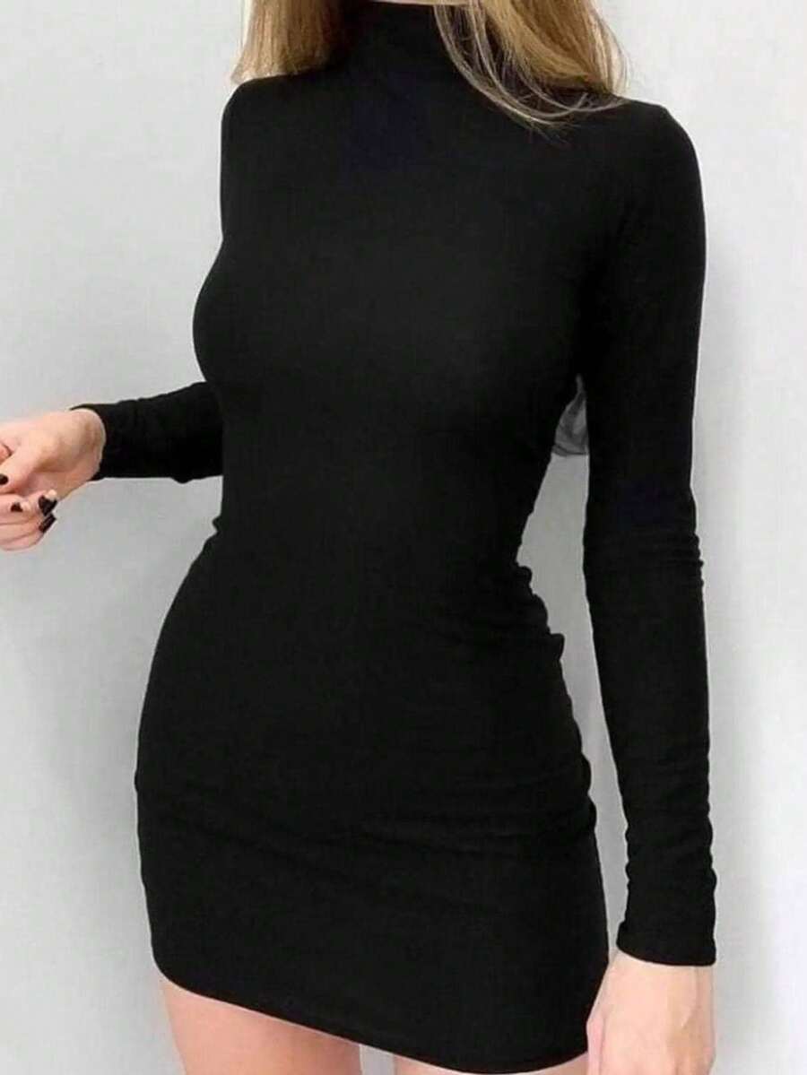 Long Sleeve High Neck Ribbed Sheath Dress - 平黑色 - 查看 1