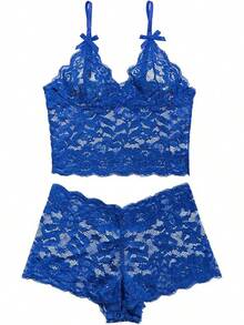 Floral Lace Lingerie Set High Waist Sleepwear Bra And Panty 2 Piece Nightwear 2025 Back-To-School Season Fall Pjs - 寶藍色 - 查看 4