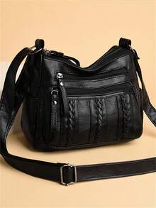 Braided Detail Zip Front Hobo Bag - Black - View 9