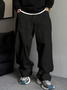1 pièce Jeans de navetteur de style américain minimaliste lavé, Pantalon décontracté polyvalent ample à jambe large (sans ceinture ni accessoires) - Noir - Voir 2