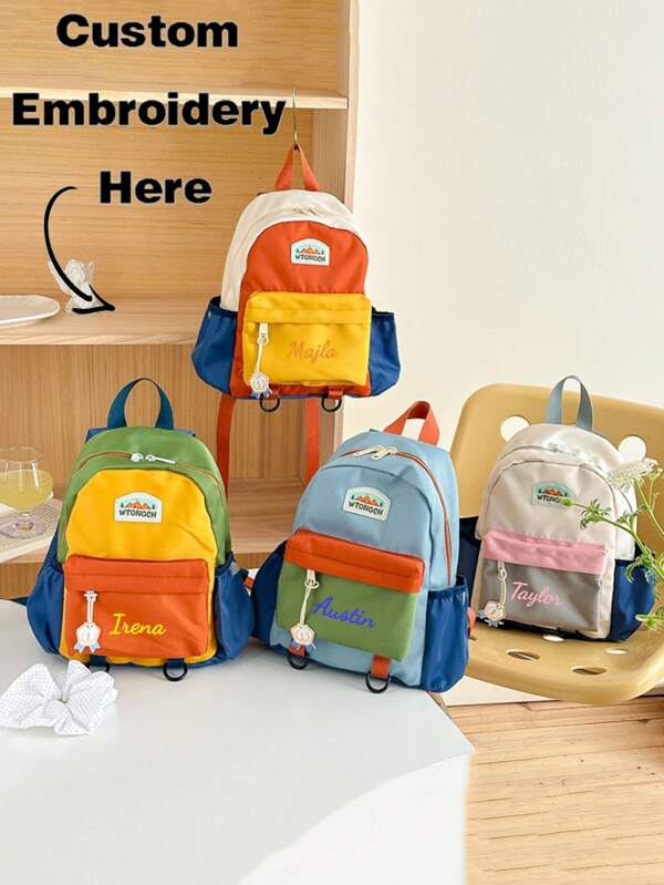 Custom Embroidery Colorblock Backpack With Personalized Name, Travel School Bag, Stylish Contrast Color Casual Daypack, Lightweight Backpack With Comfortable Shoulder Straps, For Daily, Commuting, Travel And Outings
