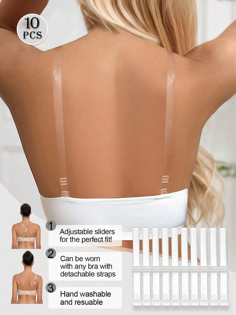 10pcs Transparent Bra Straps Invisible Underwear Strap Detachable Adjustable Shoulder Strap Elastic Silicone Non Slip Intimates Accessories - Clear - View 1
