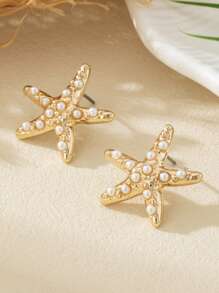 1 Pair Minimalist Metal Smooth Five-Pointed Star & Starfish Stud Earrings For Women, Summer Beach Holiday, Gift For Friend