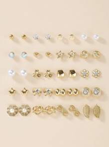 20pcs/Set Elegant Metal Faux Pearl Earring Studs Assortment, Including Heart, Star, Flower, Rhinestone, Leaf, Bow Designs, Fashion Jewelry Gifts For Women, Suitable For Casual Everyday Wear