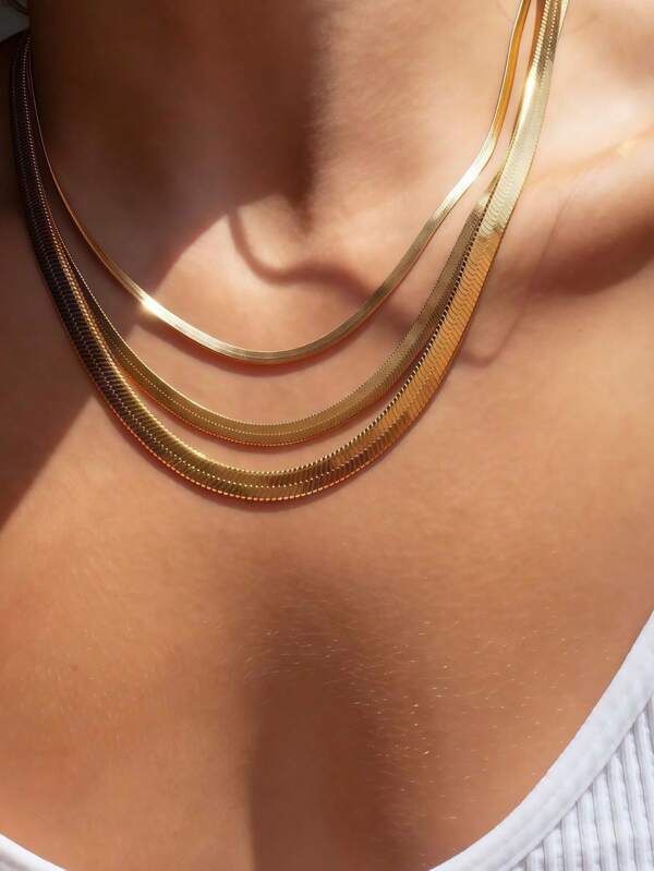 1pc 18K Gold Plated Stainless Steel Flat Snake Chain Necklace For Women, Thick Bohemian Style Gift