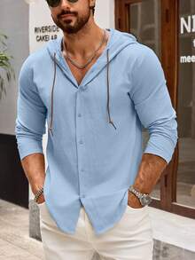 （节日服装）男士亚麻连帽长袖轻薄透气纽扣衬衫，休闲时尚上衣，适合日常通勤/海滩度假 - 藍色 - 查看 3