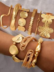 1-9 件夸张不对称几何花卉金属手镯套装，适合女性派对、约会、生日礼物