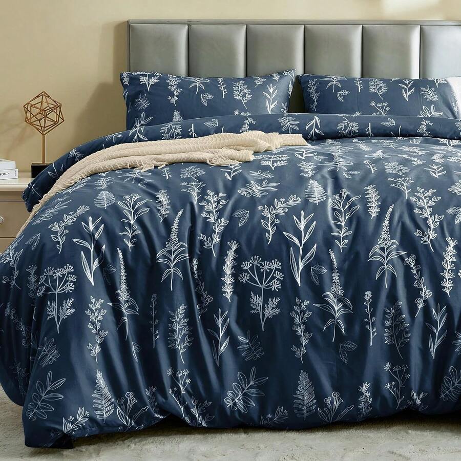 Duvet Cover King Size, Reversible Floral Lavender Duvet Cover Set With Zipper Closure, 3 Pieces Botanical Patterns Soft Microfiber Bedding Set (90"X104", 2 Pillow Cases 20"*36") - 01 - 海軍藍葉子(無被子) - 查看 1