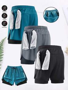 Set de 3 pantalones cortos deportivos de doble capa con forro, capa exterior suelta y capa interior ajustada, transpirables y de secado rápido, adecuados para correr, hacer ejercicio y uso casual en verano - Multicolor - Ver 3