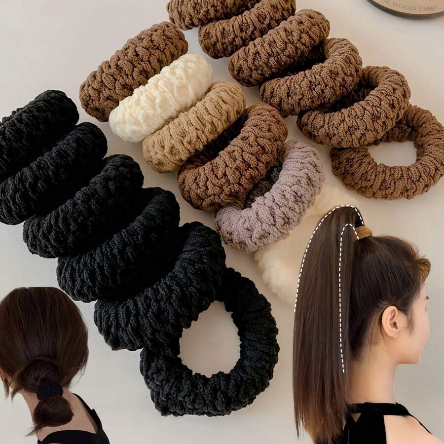 Set de 10 Ligas de cabello elásticas gruesas, adecuadas para mujeres - Moños de unicolor elegantes, suaves y que no dañan el cabello, se adaptan a adultos, opciones de multicolor para volver al colegio - Multicolor - Ver 1