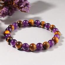 1 Stück 8mm Natürlicher Tiger-Auge Stein Armband, Gelber Tiger-Auge & Amethyst Perlen Elastik Armband, Mehrzweck-Armband für Herren und Damen