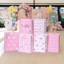 6/12/18/30个装粉色蝴蝶结主题派对礼品袋 - 优雅纸质礼品袋，带提手，适用于婚礼、新娘送礼会、生日及其他特殊场合，饰以粉色系蝴蝶结、星星和几何图案，婚礼派对回礼 | 独特蝴蝶结设计 | 结实耐用的提手袋，新娘送礼会礼物 - 彩色 - 查看 6