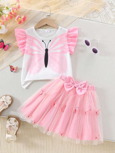 Summer Young Girls Cute Skirt Set: Round Neck Cap Sleeve, Bow Print Pattern, Bow Hem Decoration, Bow Mesh Tulle, Elegant Fashion Casual Girls Mesh Skirt Set