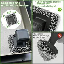 Cast Iron Scrubber Cleaner & 316L Stainless Steel Chainmail Scrubber With 2 Scrapers, Ergonomic Silicone Handle Brush For Pans Skillets Grills Dishes Cleaning - Non-Scratch Rust-Proof - Black - Black - View 5