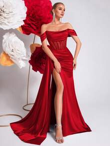 ADYCE Đầm dạ hội khoét vai, đầm maxi dài xòe rộng, eo cao, hở lưng, cổ yếm, đính đá lấp lánh, thắt lưng buộc eo, thích hợp cho các buổi tiệc, dạ hội và các dịp lễ kỷ niệm. - Đỏ - Xem 5