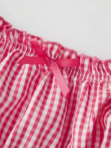 Conjunto de verano a cuadros para mujer, top corto de manga corta con hombros descubiertos y minifalda abullonada, ropa de fiesta - Rojo - Ver 7