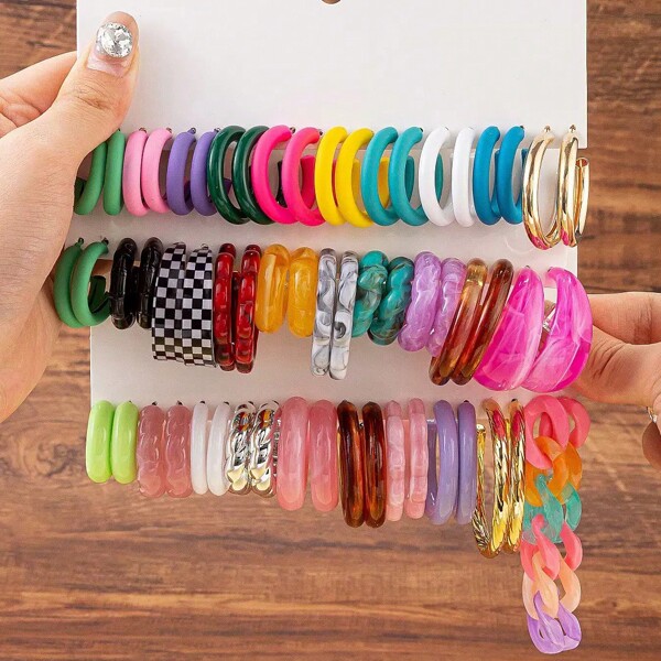 10-30 Pairs Acrylic Resin Bar C-Shape Two-Tone Long Chain Earring Sets
