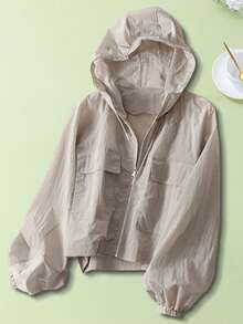 Women Sun Crop Jacket Loose Solid Color Long Sleeve Zipper Hoodie With Pockets For Summer Spring - Xám - Xem 4