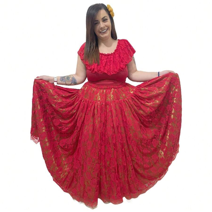 6m Lace Skirt Various Colors Umbanda Candomblé - Đỏ và Vàng - Xem 1